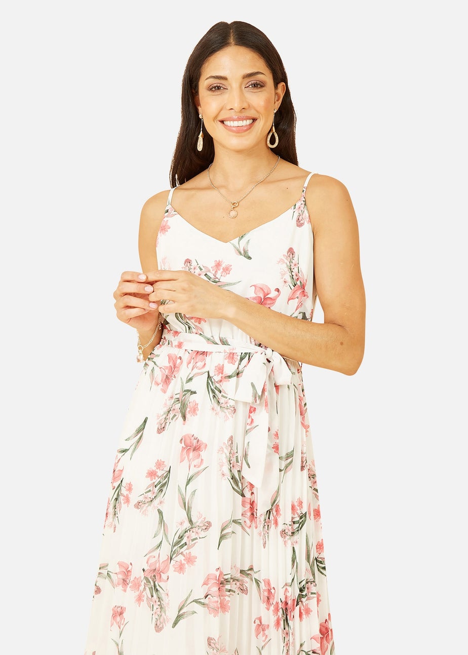 Mela Ivory Floral Strappy Pleated Midi Dress