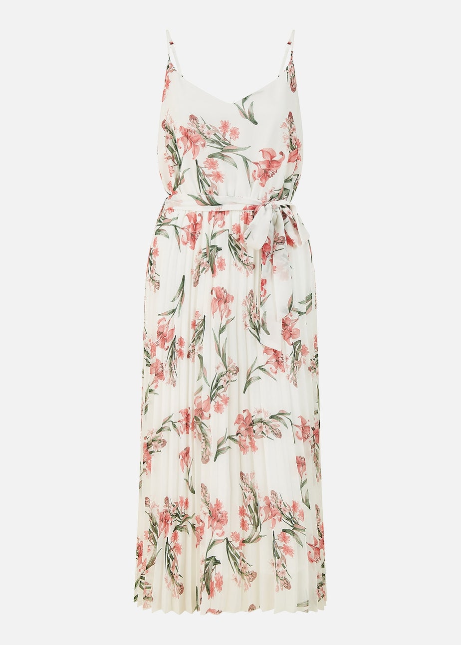 Mela Ivory Floral Strappy Pleated Midi Dress