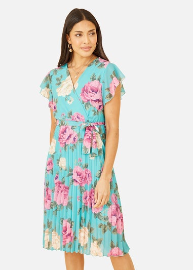 Mela Green Floral Wrap Pleated Dress