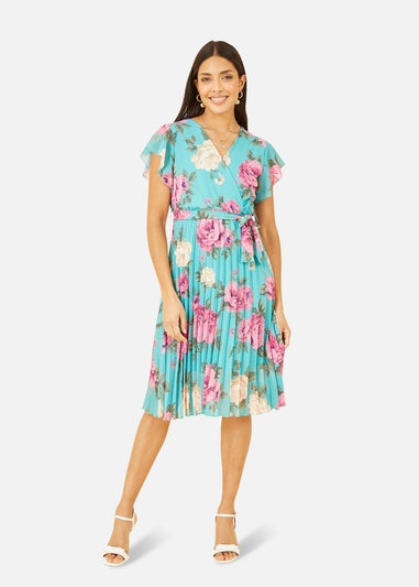 Mela Green Floral Wrap Pleated Dress