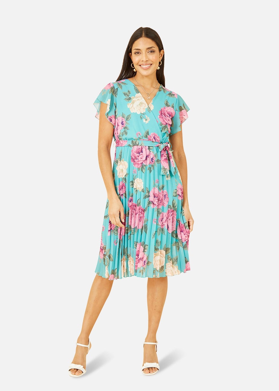 Mela Green Floral Wrap Pleated Dress