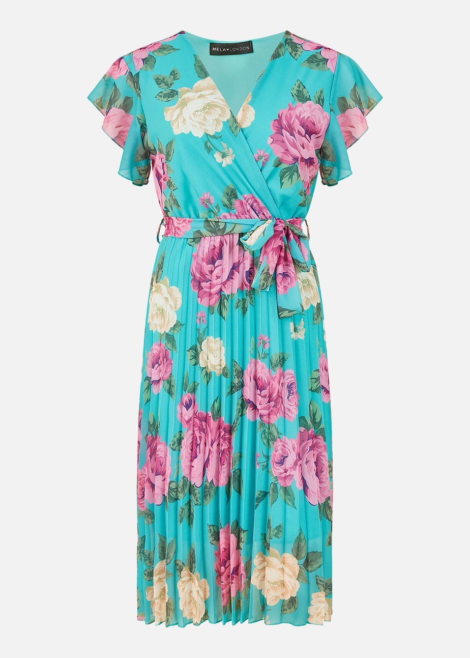 Mela Green Floral Wrap Pleated Dress