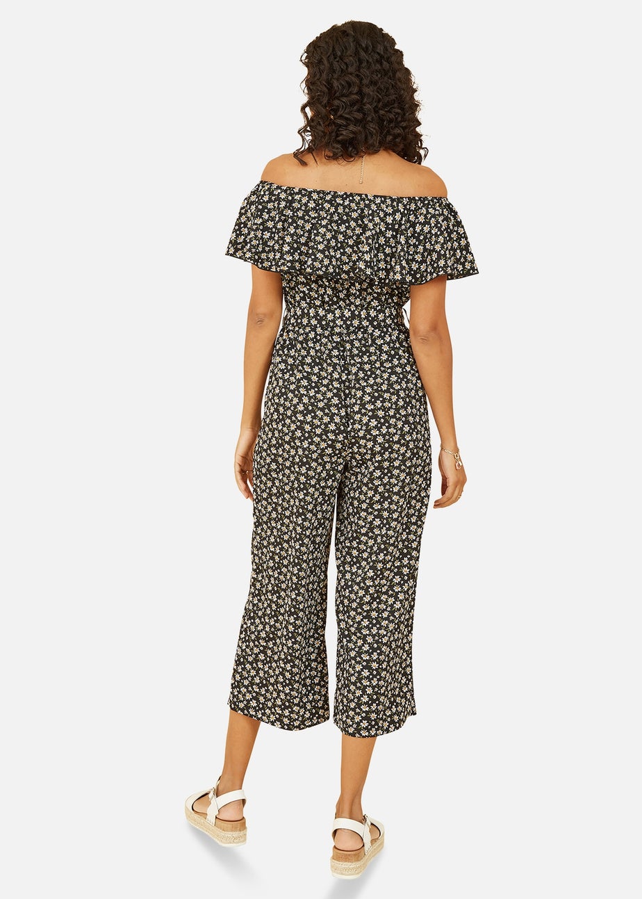 Mela Black Daisy Print Bardot Jumpsuit