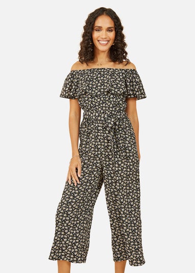 Mela Black Daisy Print Bardot Jumpsuit