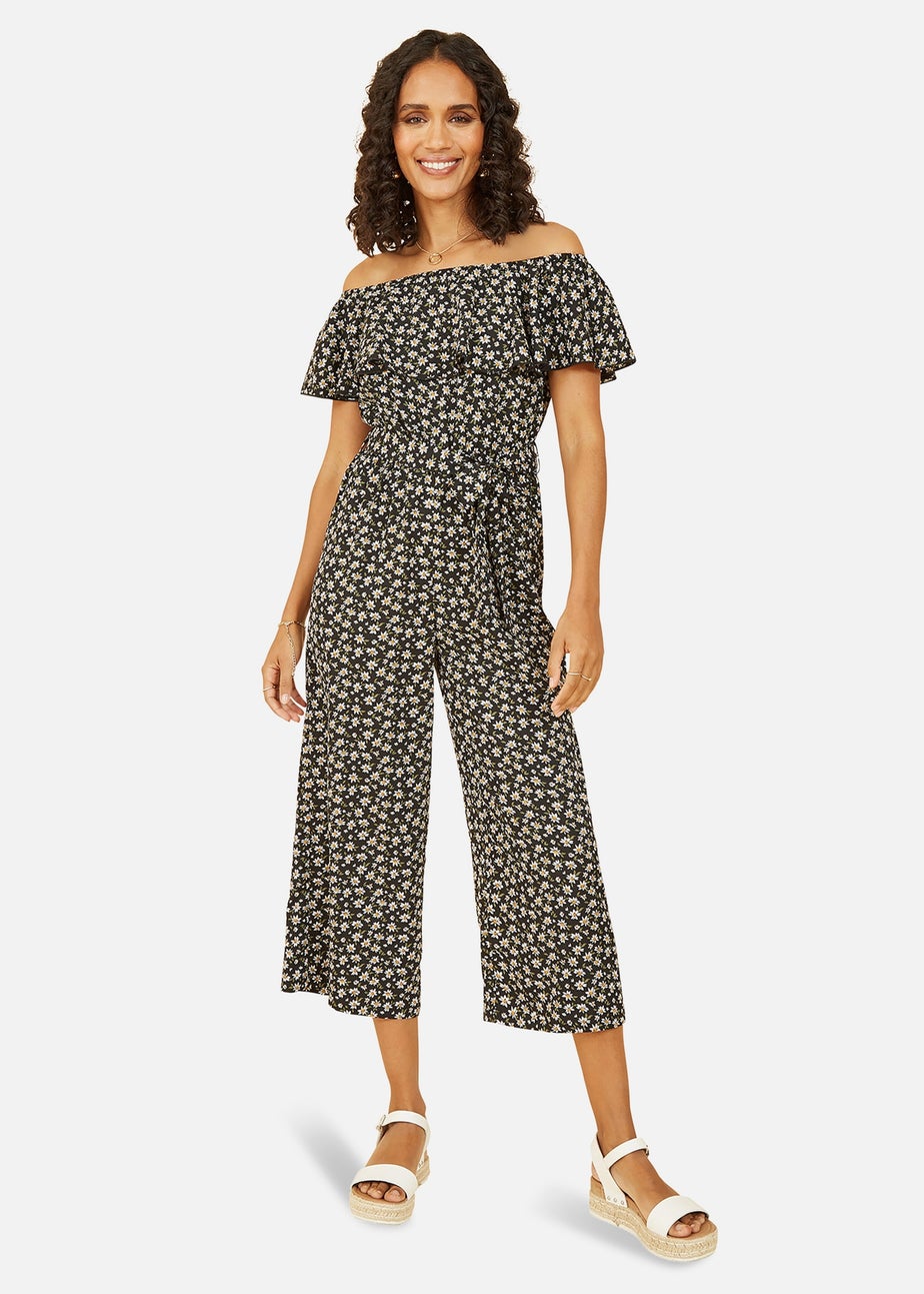 Mela Black Daisy Print Bardot Jumpsuit