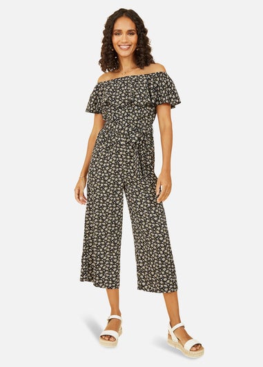 Mela Black Daisy Print Bardot Jumpsuit