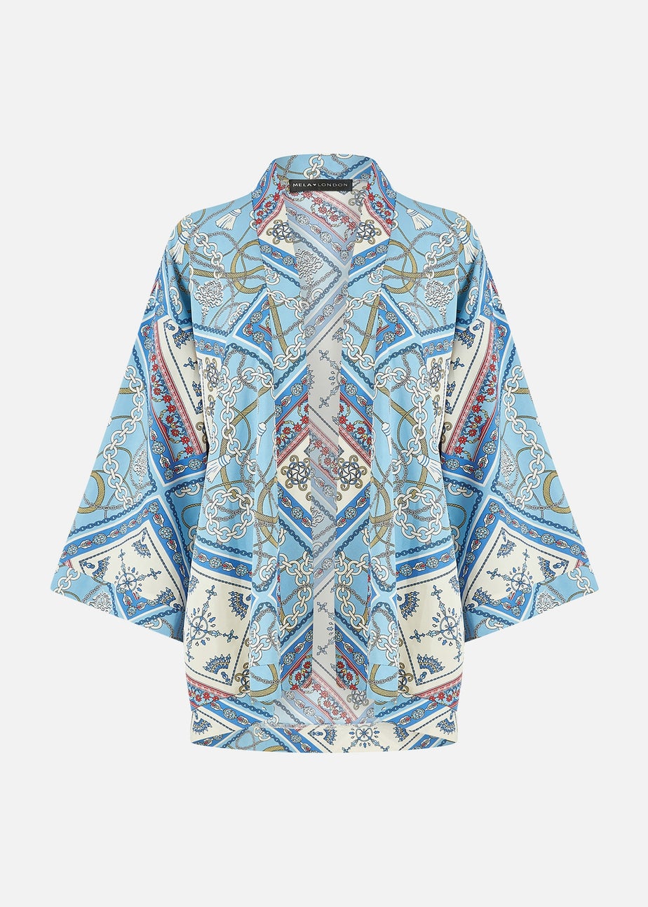 Mela Blue Satin Chain Print Kimono