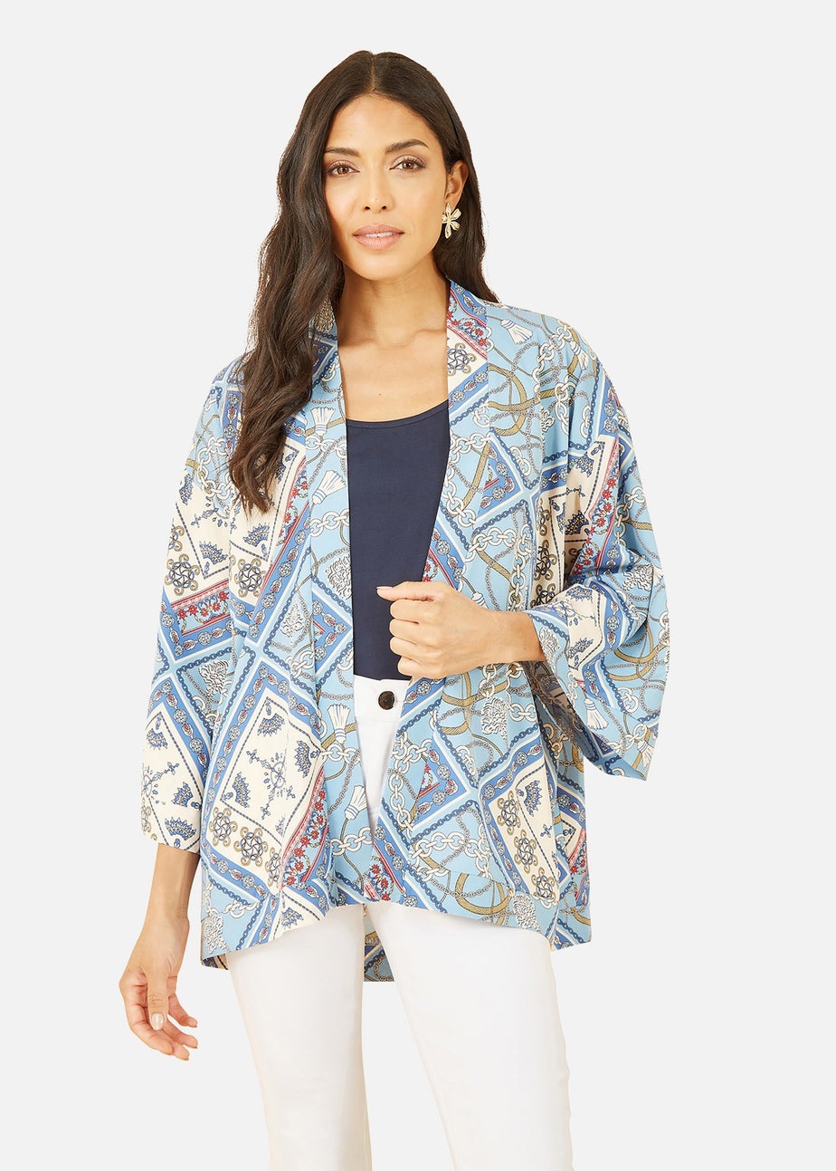 Mela Blue Satin Chain Print Kimono