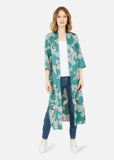 Yumi Teal Crane Satin Kimono