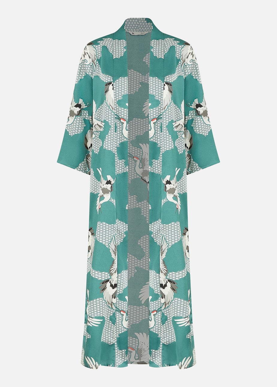 Yumi Teal Crane Satin Kimono