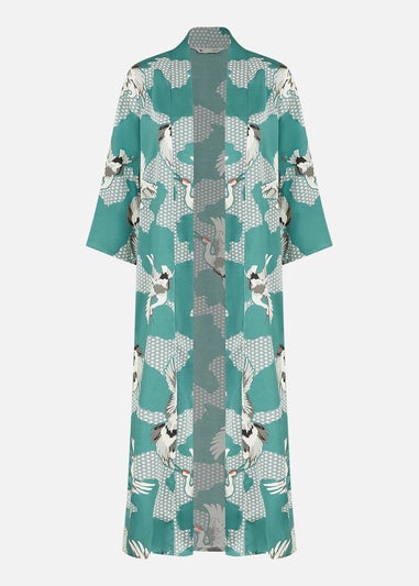Yumi Teal Crane Satin Kimono