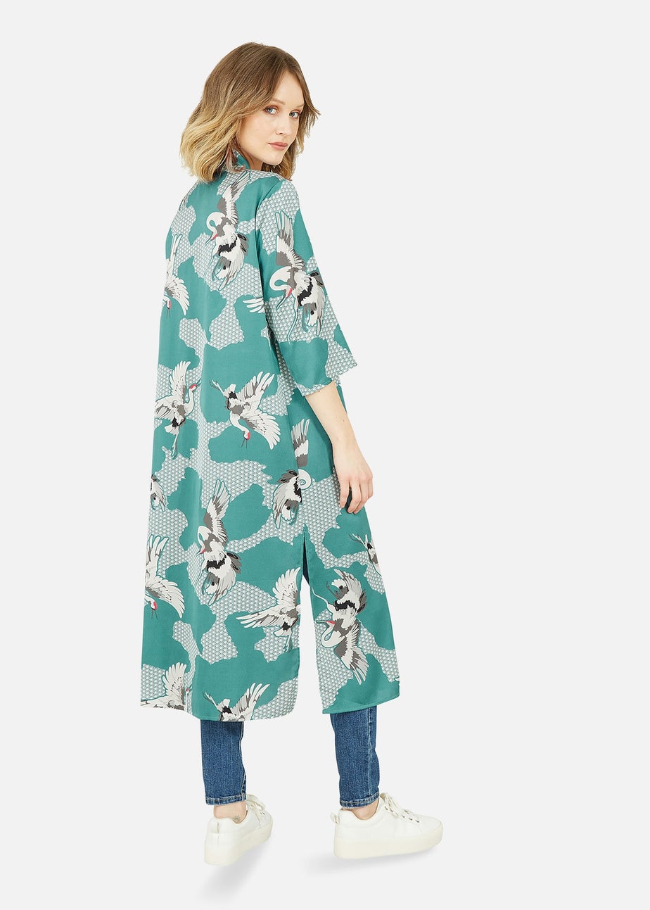Yumi Teal Crane Satin Kimono