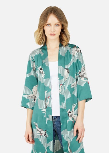 Yumi Teal Crane Satin Kimono