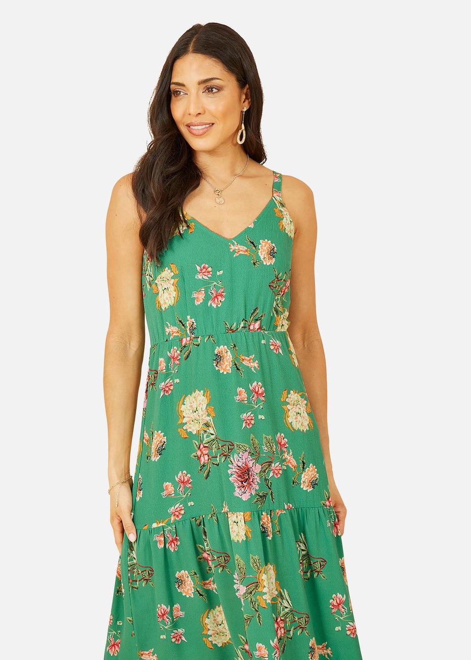 Yumi Green Floral Strappy Tiered Maxi Dress