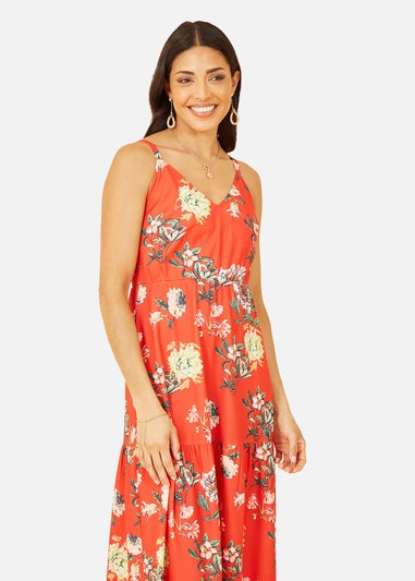 Yumi Red Floral Strappy Tiered Maxi Dress