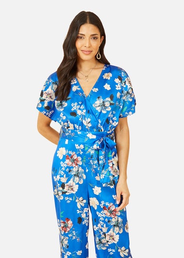 Yumi Blue Satin Floral Wrap Jumpsuit With Kimono Sleeve