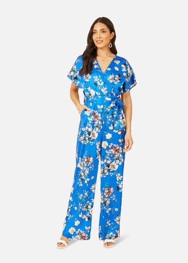 Yumi Blue Satin Floral Wrap Jumpsuit With Kimono Sleeve