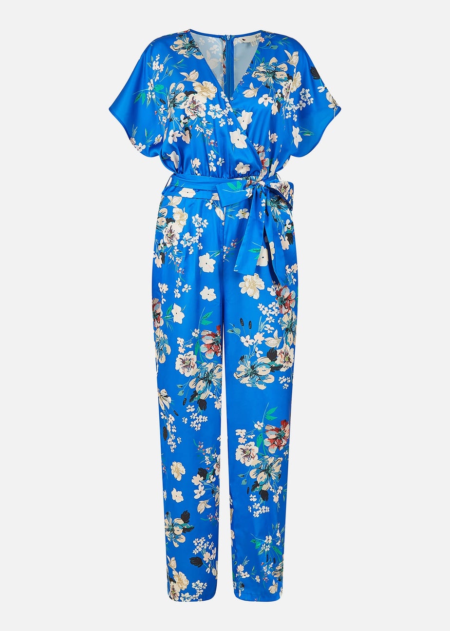 Yumi Blue Satin Floral Wrap Jumpsuit With Kimono Sleeve