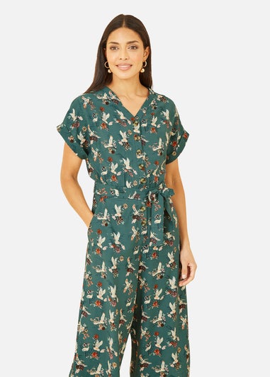 Yumi Teal Crane Print Culotte Jumpsuit