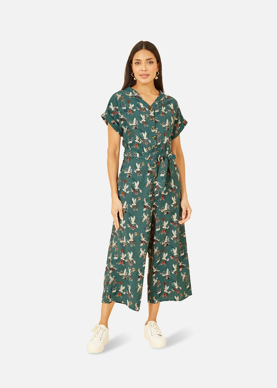 Yumi Teal Crane Print Culotte Jumpsuit