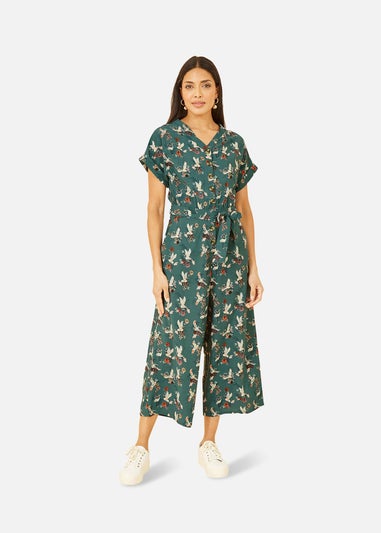 Yumi Teal Crane Print Culotte Jumpsuit