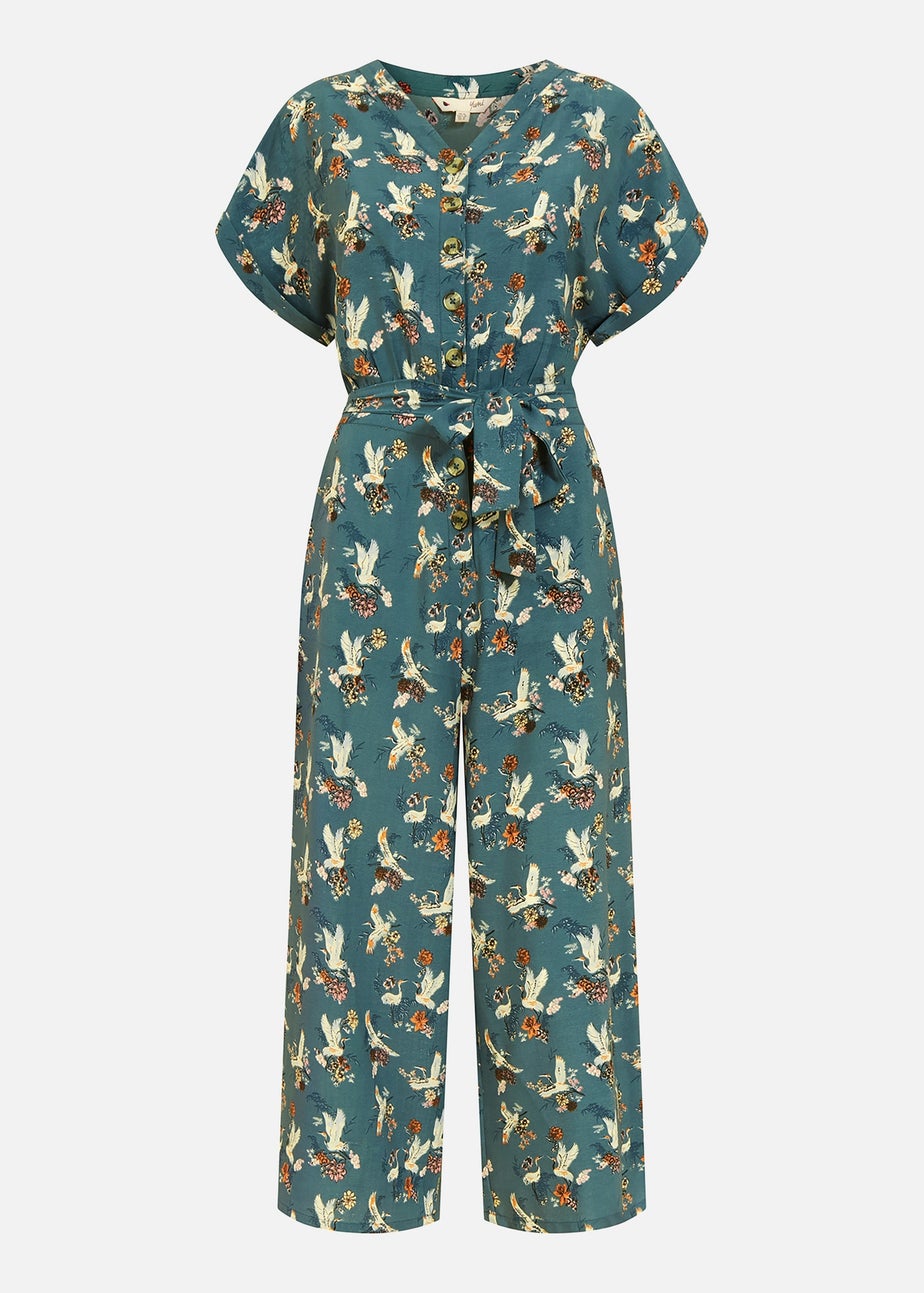 Yumi Teal Crane Print Culotte Jumpsuit