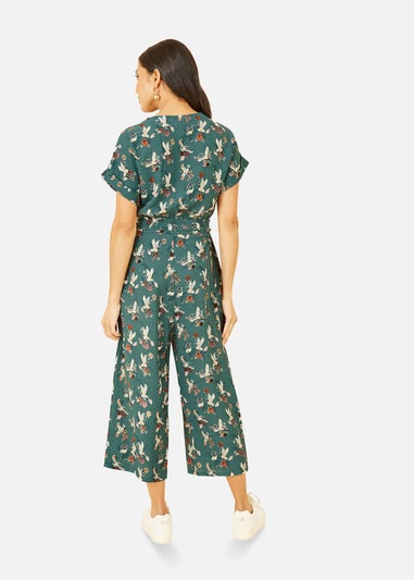 Yumi Teal Crane Print Culotte Jumpsuit