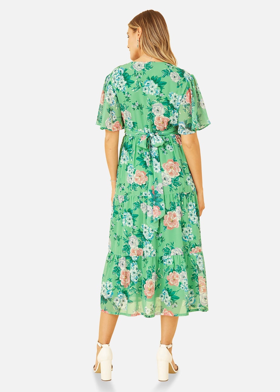 Yumi Green Floral Wrap Midi Dress With Tiered Hem