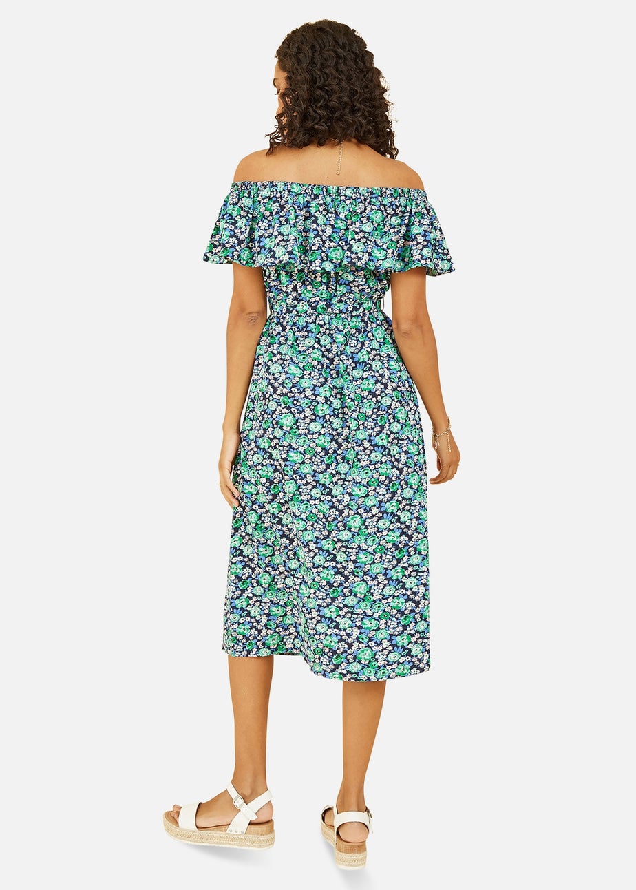 Yumi Green Ditsy Floral Bardot Midi Dress