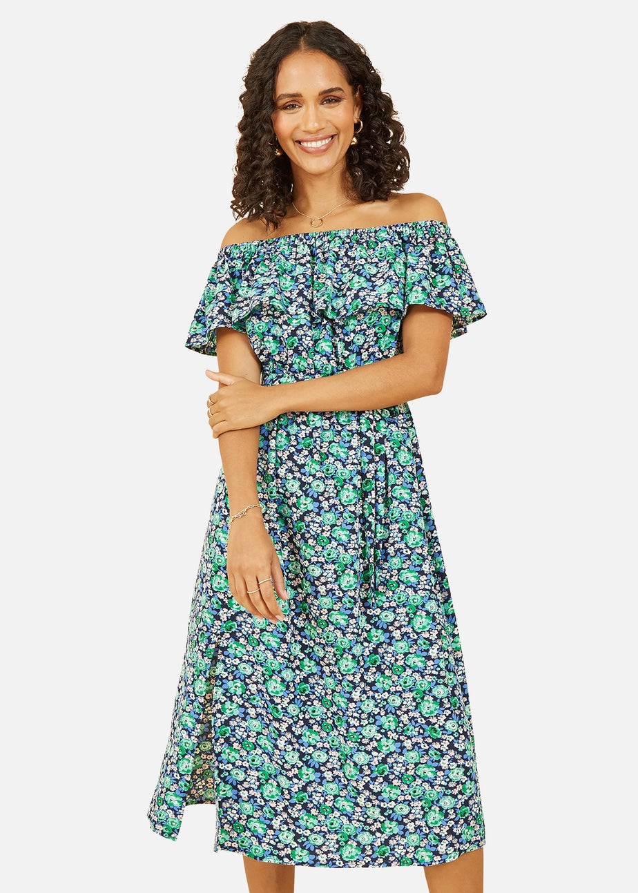Yumi Green Ditsy Floral Bardot Midi Dress