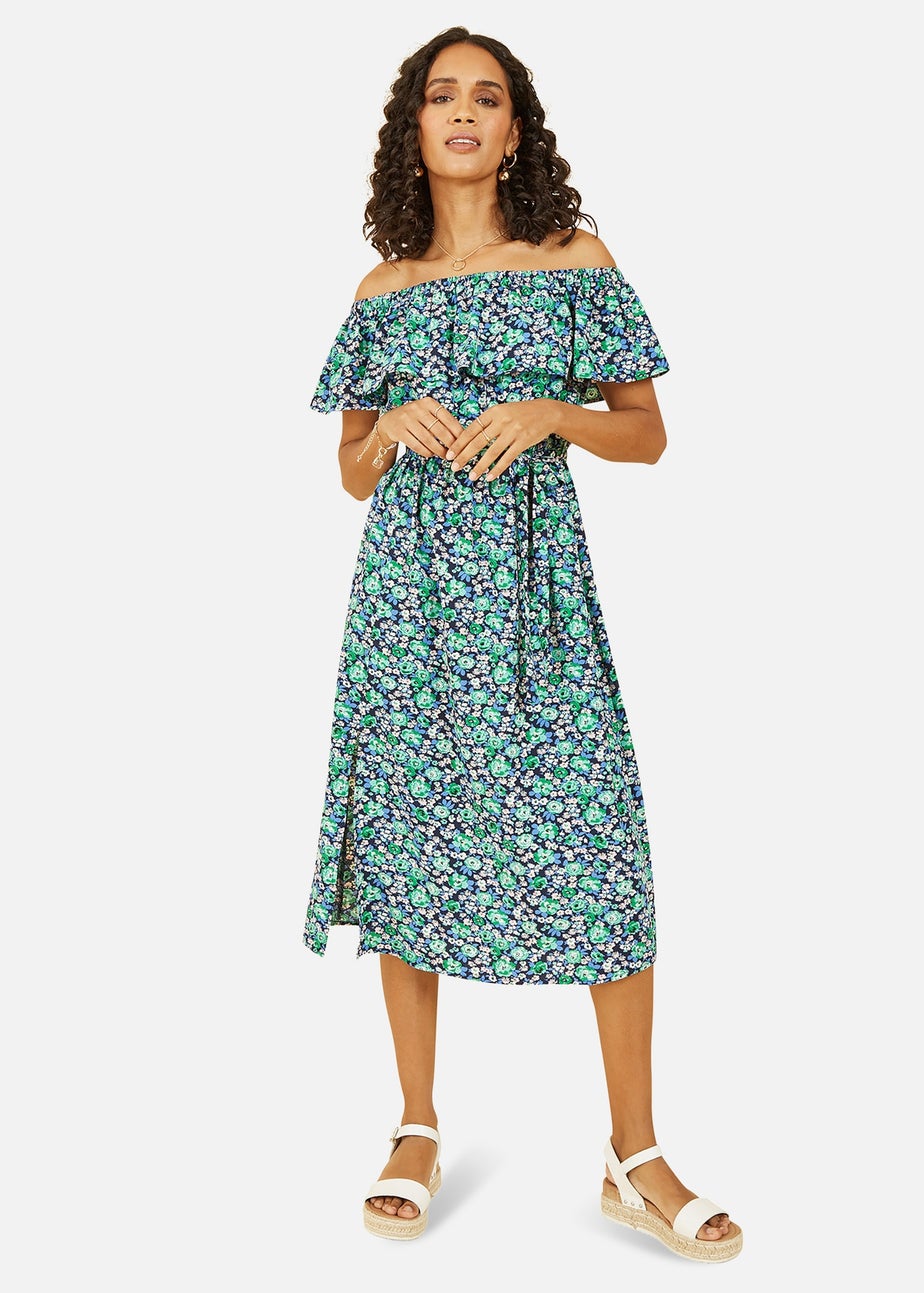 Yumi Green Ditsy Floral Bardot Midi Dress