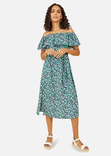 Yumi Green Ditsy Floral Bardot Midi Dress