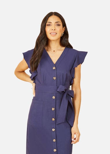 Yumi Navy Linen Blend Midi Shirt Dress