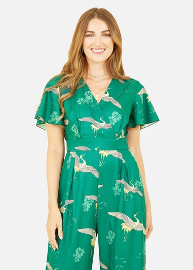 Yumi Green Crane Print Angel Sleeve Jumpsuit