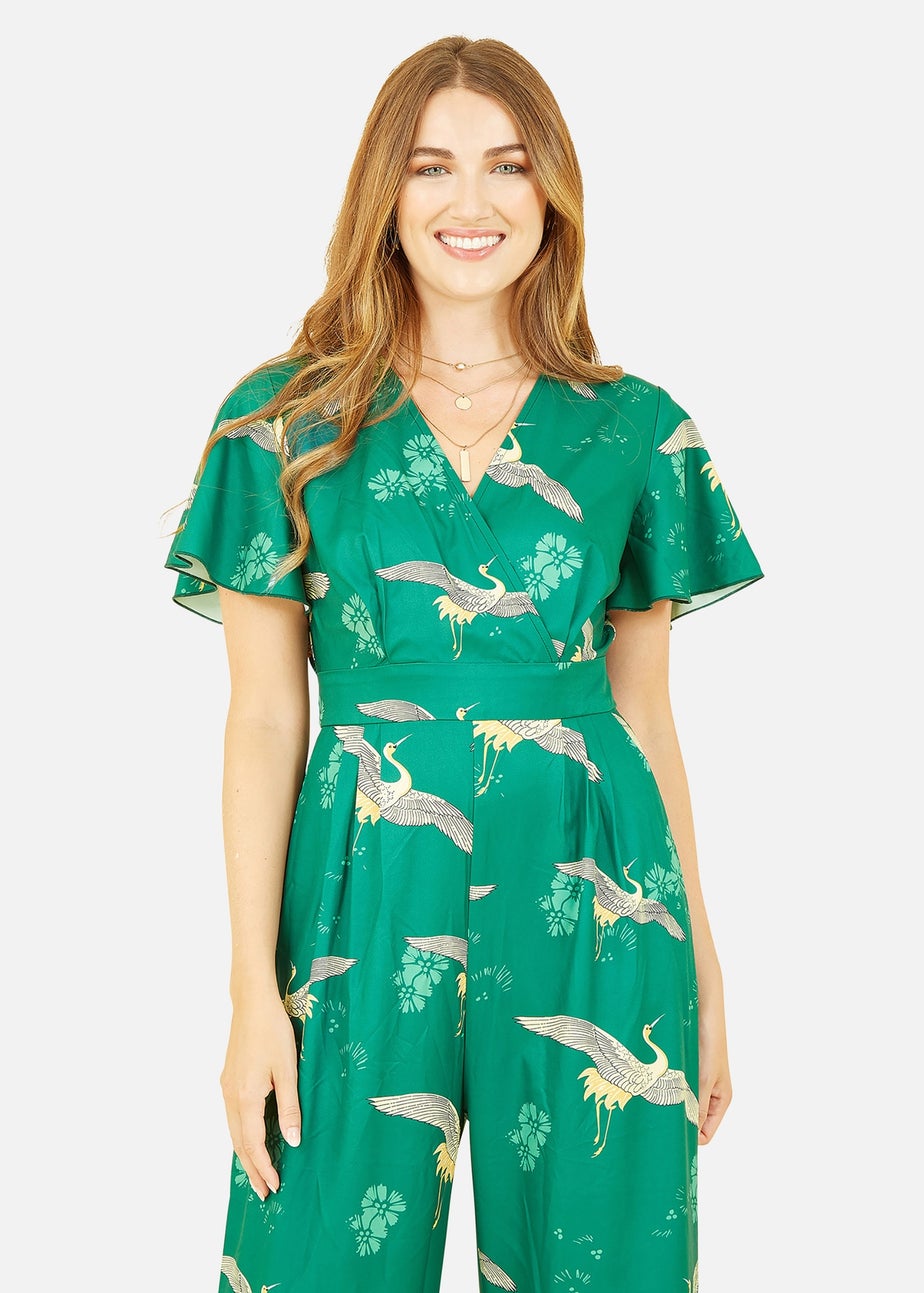 Yumi Green Crane Print Angel Sleeve Jumpsuit