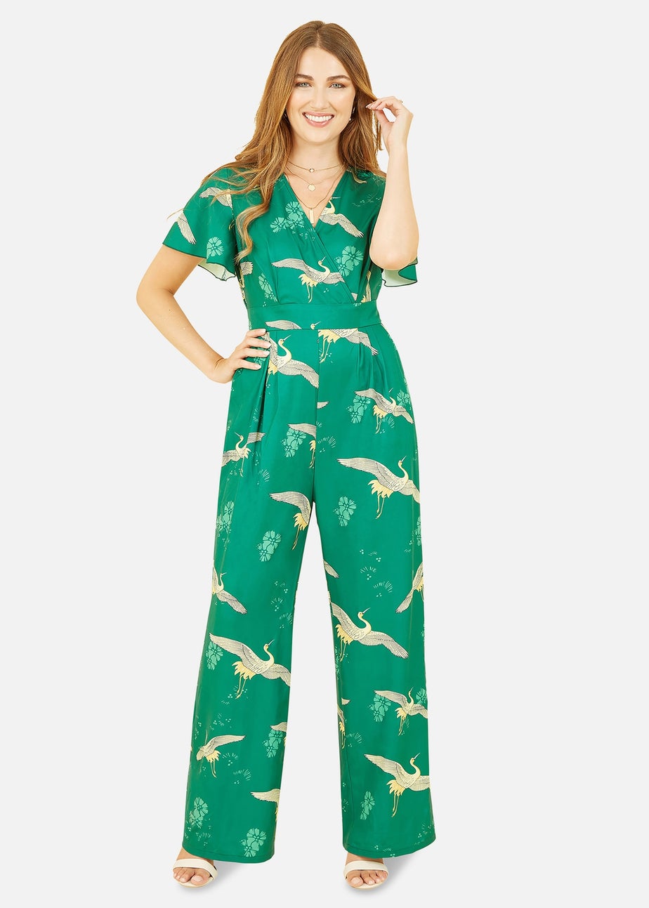 Yumi Green Crane Print Angel Sleeve Jumpsuit