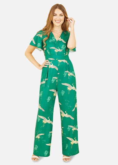 Yumi Green Crane Print Angel Sleeve Jumpsuit