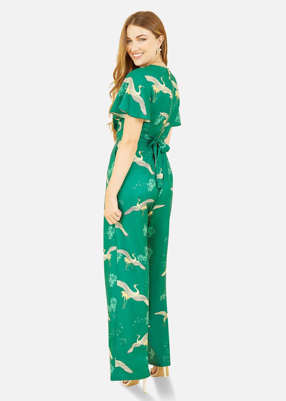 Yumi Green Crane Print Angel Sleeve Jumpsuit