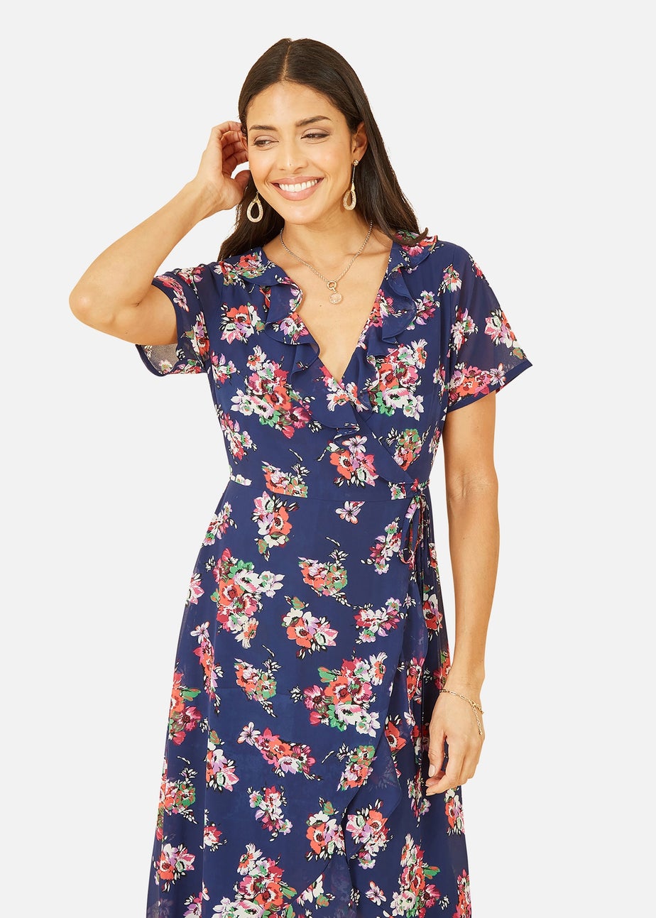 Yumi Navy Floral Frill Wrap Dress