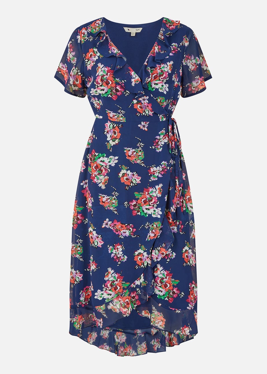 Yumi Navy Floral Frill Wrap Dress