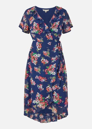 Yumi Navy Floral Frill Wrap Dress