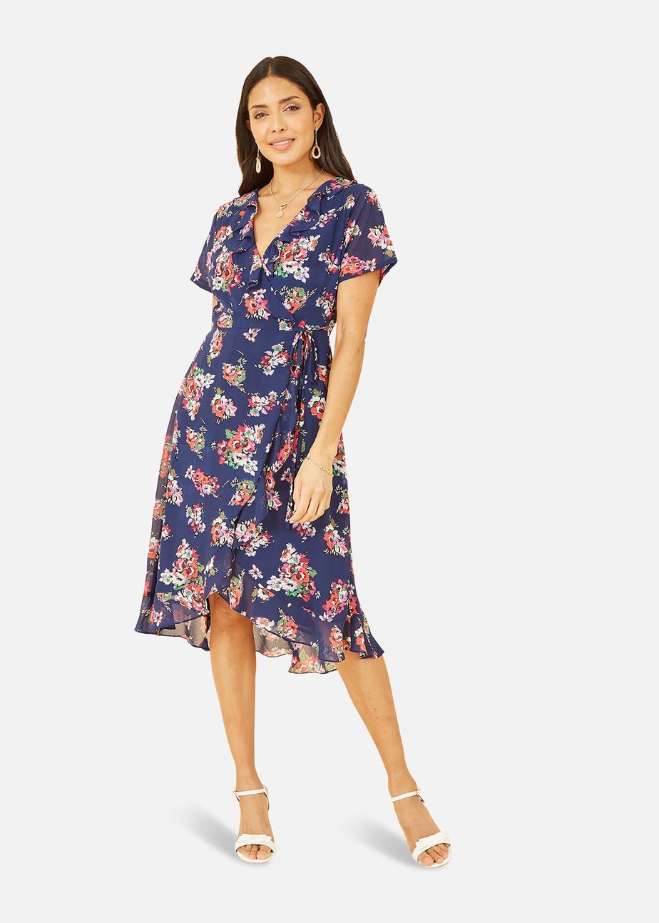 Yumi Navy Floral Frill Wrap Dress