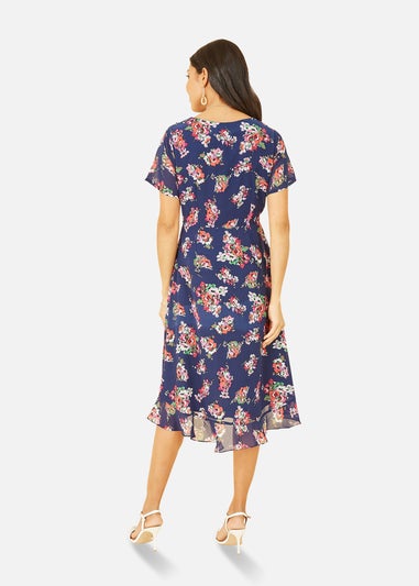 Yumi Navy Floral Frill Wrap Dress