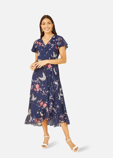 Yumi Navy Satin Crane Print Wrap Dress