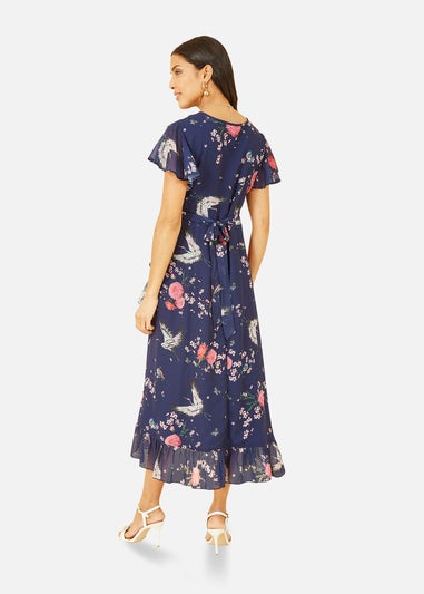 Yumi Navy Satin Crane Print Wrap Dress