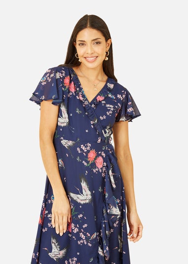 Yumi Navy Satin Crane Print Wrap Dress