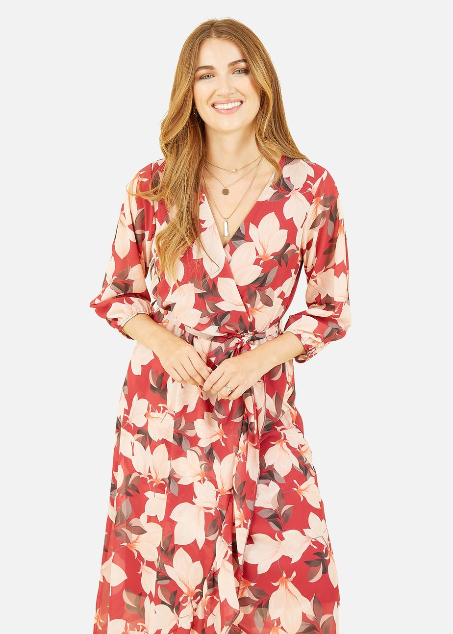 Yumi Red Blossom Wrap Midi Dress With 3/4 Sleeves