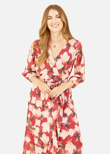Yumi Red Blossom Wrap Midi Dress With 3/4 Sleeves