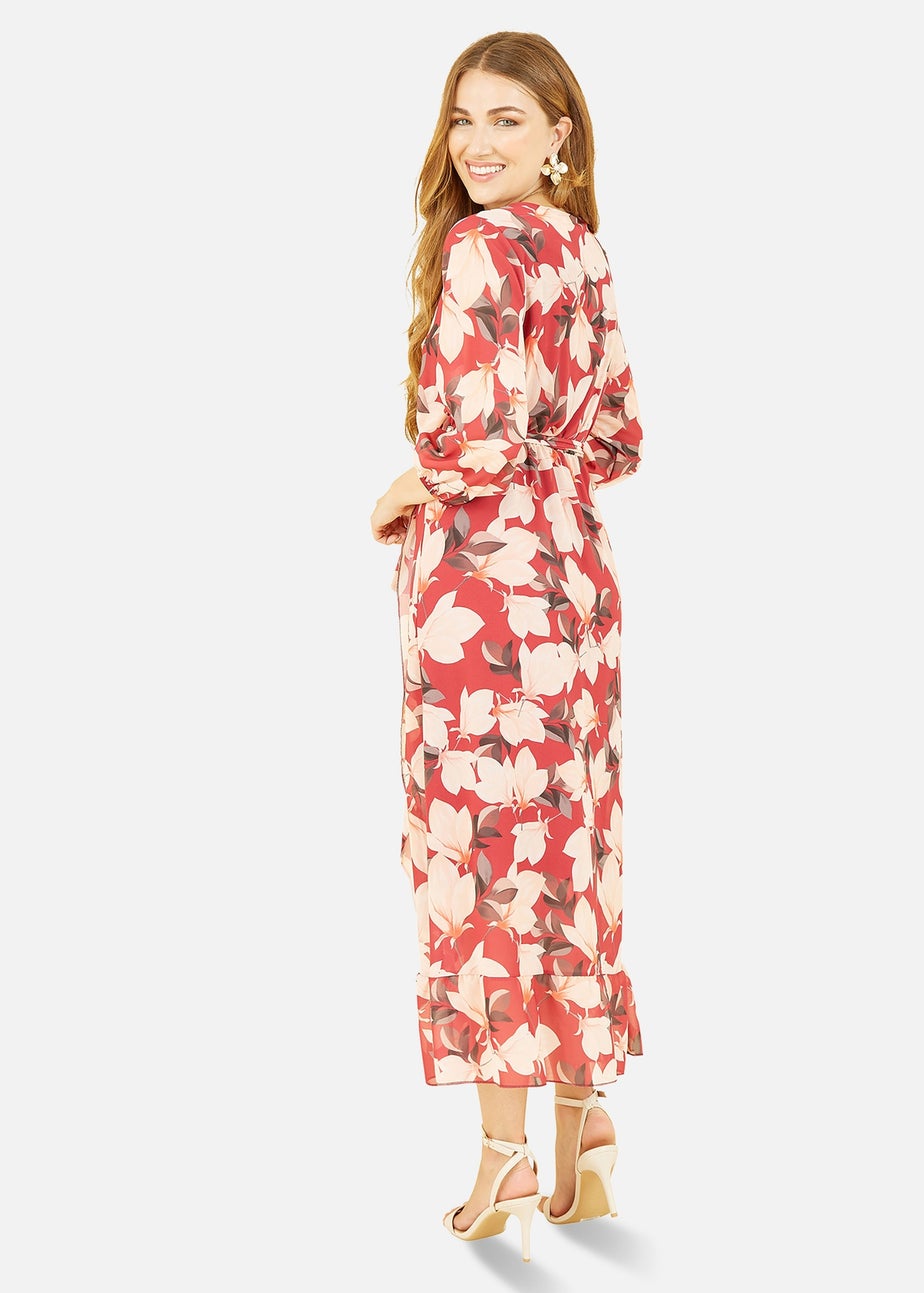 Yumi Red Blossom Wrap Midi Dress With 3/4 Sleeves