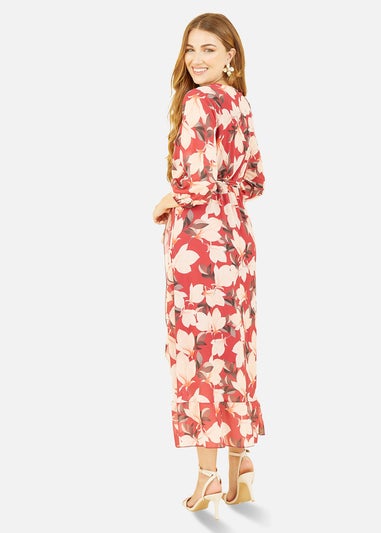 Yumi Red Blossom Wrap Midi Dress With 3/4 Sleeves